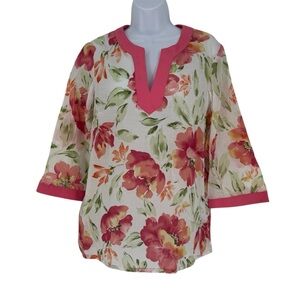 Larry Levine White Pink Green Floral 100% Cotton 3/4 Sleeve Blouse Tunic Medium